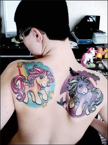 cute scenery with girl and boy my little pony back tattoo