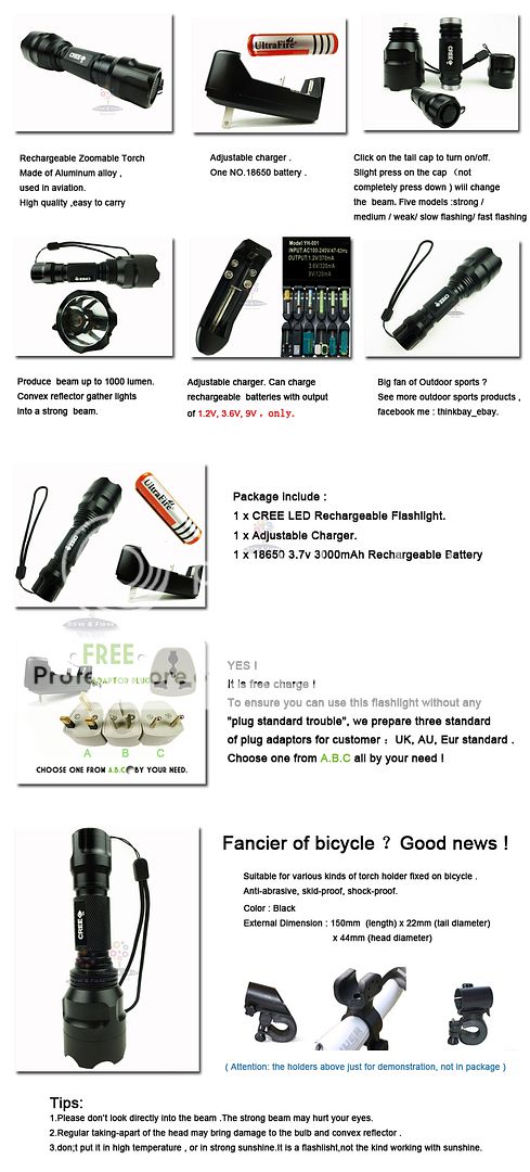 Ultrafire CREE 1000LM Led Flashlight Pocket Rechargeable Torch Bicycle 